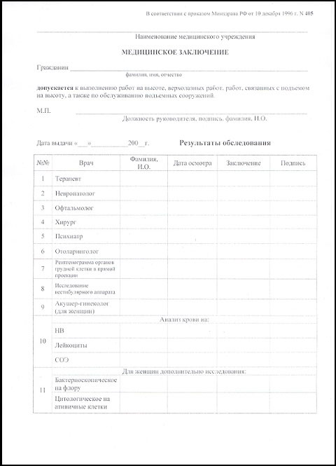 Справка 405 для работы на высоте в Воронеже